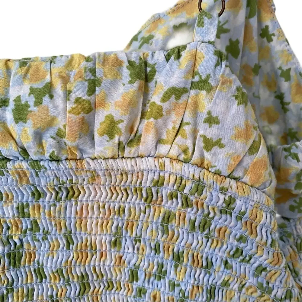 Free People Lavender Daze Smocked Floral Midi Dress XS Cream Yellow Green